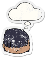 cartoon face with hair over eyes with thought bubble as a distressed worn sticker png