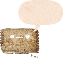 dessin animé biscuit avec discours bulle dans grunge affligé rétro texturé style png