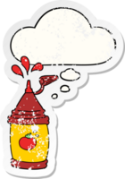 cartoon ketchup bottle with thought bubble as a distressed worn sticker png