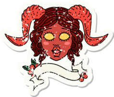 adesivo grunge de um rosto de personagem tiefling com banner de rolagem png