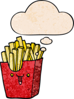 cute cartoon box of fries with thought bubble in grunge texture style png