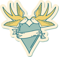 sticker of tattoo in traditional style of swallows and a heart with banner png