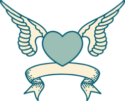 traditional tattoo with banner of a heart with wings png