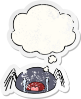 cartoon crying spider with thought bubble as a distressed worn sticker png