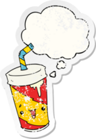 cartoon soda cup with thought bubble as a distressed worn sticker png