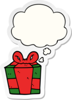 cartoon present with thought bubble as a printed sticker png