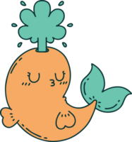 ilustración de un personaje de ballena chorreando feliz estilo tatuaje tradicional png