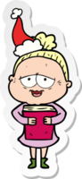 hand drawn sticker cartoon of a happy old lady wearing santa hat png