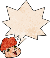 cartoon boy's face with speech bubble in retro texture style png