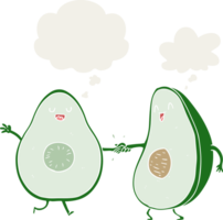 cartoon dancing avocados with thought bubble in retro style png