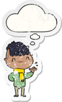 cartoon friendly boy with thought bubble as a distressed worn sticker png