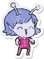 distressed sticker of a cartoon alien girl laughing png