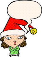 cartoon girl wearing christmas hat with speech bubble in comic book style png
