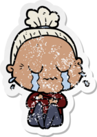 distressed sticker of a cartoon crying old lady png