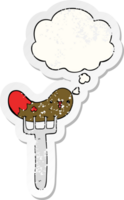 cartoon sausage and fork with thought bubble as a distressed worn sticker png