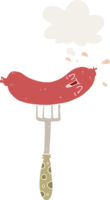 cartoon happy sausage on fork with thought bubble in retro style png