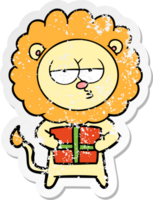 beunruhigter Aufkleber eines Cartoon gelangweilten Löwen mit Geschenk png