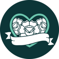 tattoo style icon of a heart and banner with flowers png