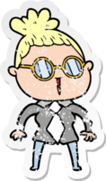 distressed sticker of a cartoon woman wearing spectacles png