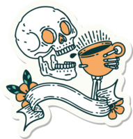 tattoo sticker with banner of a skull drinking coffee png