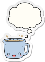 cartoon cup of coffee and thought bubble as a printed sticker png