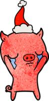 textured cartoon of a pig crying wearing santa hat png