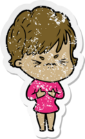 distressed sticker of a cartoon frustrated woman png