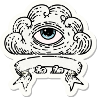grunge sticker with banner of an all seeing eye cloud png