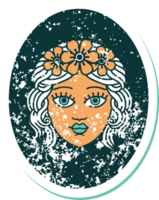 distressed sticker tattoo style icon of a maiden with crown of flowers png