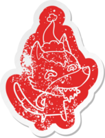 cartoon distressed sticker of a hungry wolf wearing santa hat png