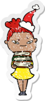 distressed sticker cartoon of a woman wearing santa hat png