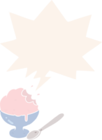 dessert à la crème glacée de dessin animé dans un bol et une bulle de dialogue dans un style rétro png