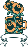 tattoo with banner of a cup and flowers png