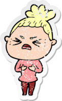 distressed sticker of a cartoon angry woman png