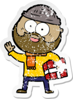 distressed sticker of a cartoon bearded man with present png