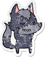 distressed sticker of a friendly cartoon wolf png