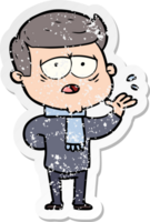 distressed sticker of a cartoon tired man png