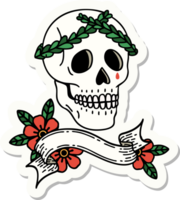 Tattoo-Aufkleber mit Banner eines Totenkopfes mit Lorbeerkranzkrone png