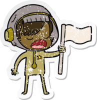 distressed sticker of a cartoon astronaut woman waving flag png