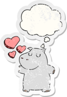 cartoon hippo in love and thought bubble as a distressed worn sticker png