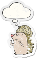 cartoon hedgehog wearing hat and thought bubble as a distressed worn sticker png