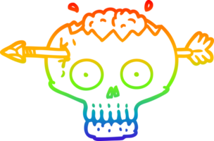 rainbow gradient line drawing cartoon skull with arrow through brain png