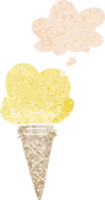 helado de dibujos animados con cara y burbuja de pensamiento en estilo retro texturizado png