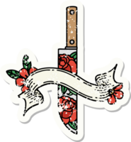 grunge sticker with banner of a dagger and flowers png