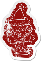 adesivo angustiado de desenho animado de uma garota elfa usando chapéu de papai noel png