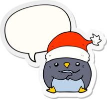 lindo pingüino de dibujos animados con sombrero de navidad y pegatina de burbuja de habla png