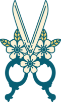 tattoo style icon of a barber scissors and flowers png