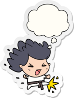 cartoon kicking karate champ and thought bubble as a printed sticker png