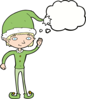 cartoon waving christmas elf with thought bubble png