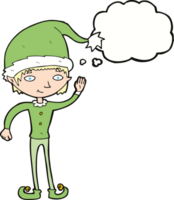 dessin animé agitant le lutin de noël avec bulle de pensée png